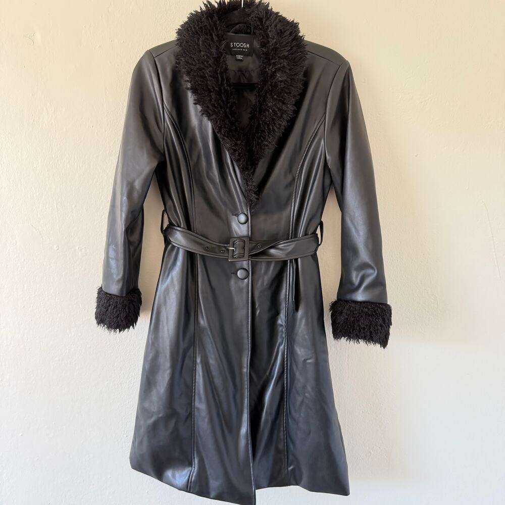 Stoosh faux leather trench coat with Faux fur trim